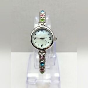 Womens Crystals Rhinestones Watch 22mm Silver Tone MOP Dial New Battery